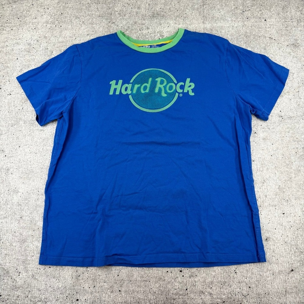 Hard Rock Cafe Chenille Chain Stitch Jersey Tee Blue Green PatchLogo Adult Large